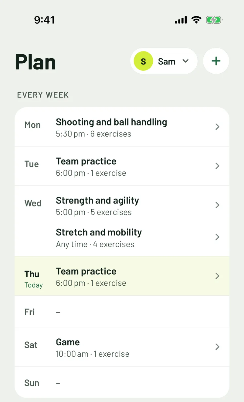 Example: Sam’s weekly plan for basketball: shooting and ball handling, team practice twice, strength and agility with stretching, a game, rest on Friday and Sunday